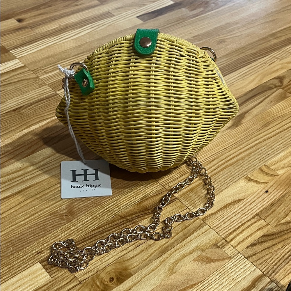 Haute Hippie Yellow Woven Crossbody Bag with Gold Chain